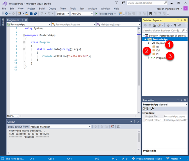 Visual Studio Directory Structure N-tier PostcodeApp